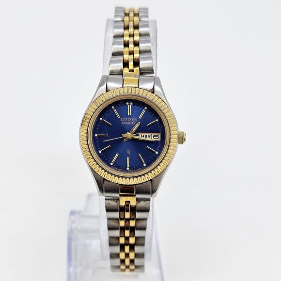 Citizen Women's Watch 25MM Blue Dial Day Date Two Tone Band 7" New Battery - Picture 1 of 12
